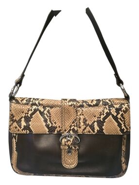 Talbots Leather Shoulder Bag with Snake-Print Trim - Black and Tan